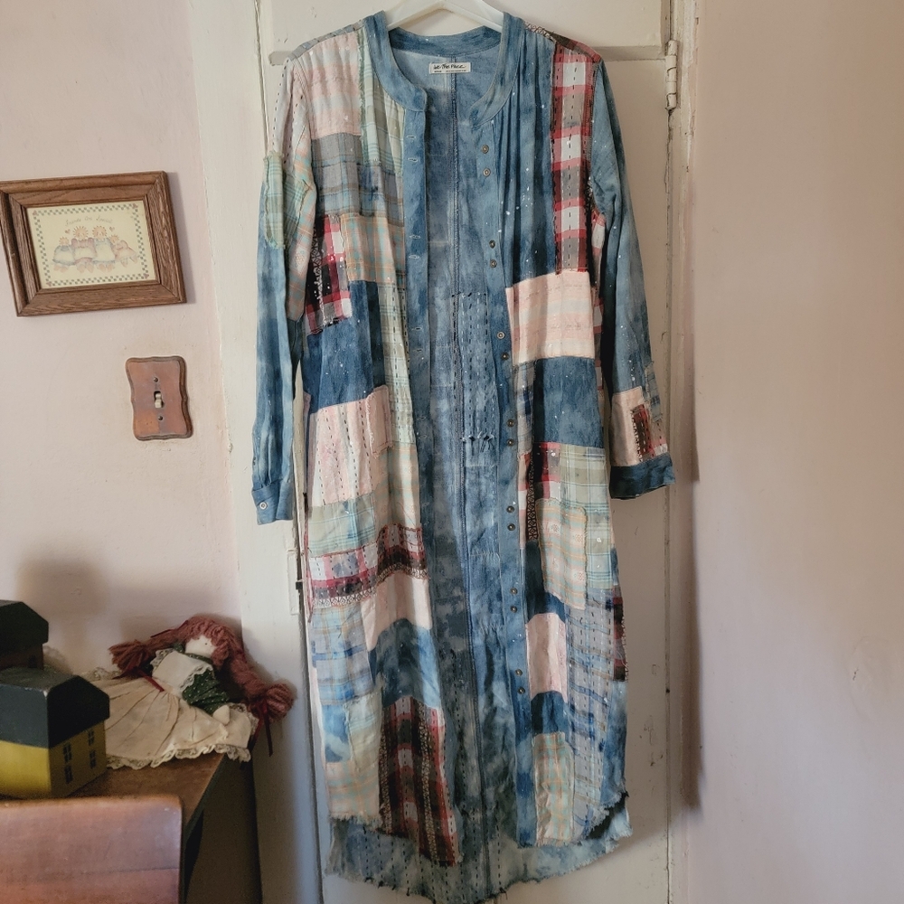 We The Free People PHOENIX patched Patchwork distressed Maxi Shirt Dress Duster - Picture 4 of 15